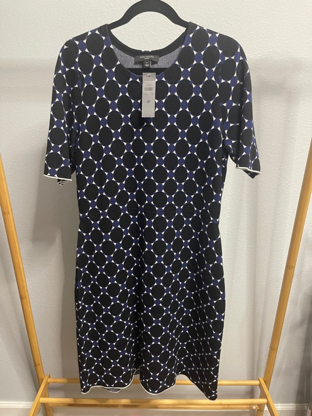 Ann Taylor Black and Navy Circle-Print Midi Dress LP